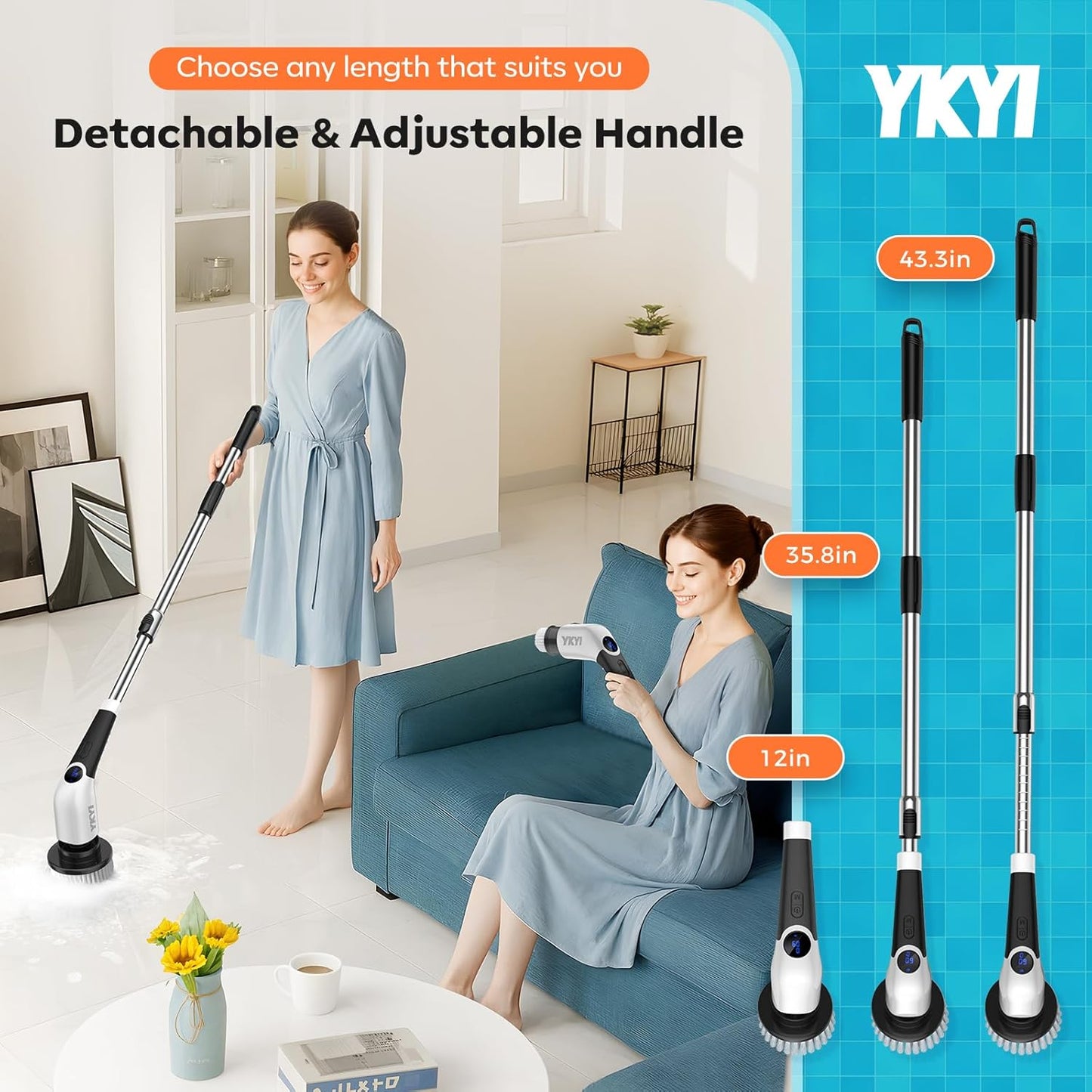 YKYI Electric Spin Scrubber,Cordless Cleaning Brush,Shower Cleaning Brush with 8 Replaceable Brush Heads, Power Scrubber 3 Adjustable Speeds,Adjustable & Detachable Long Handle,Voice Broadcast