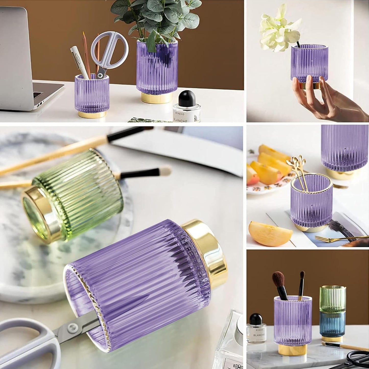 DASITON Makeup Brush holder Organizer,Crystal Cosmetic Makeup Brush Glass Brushes Storage Holder, Vintage Make Up Brush Cup Pen Pencil Holder striped vase(Purple S+L)