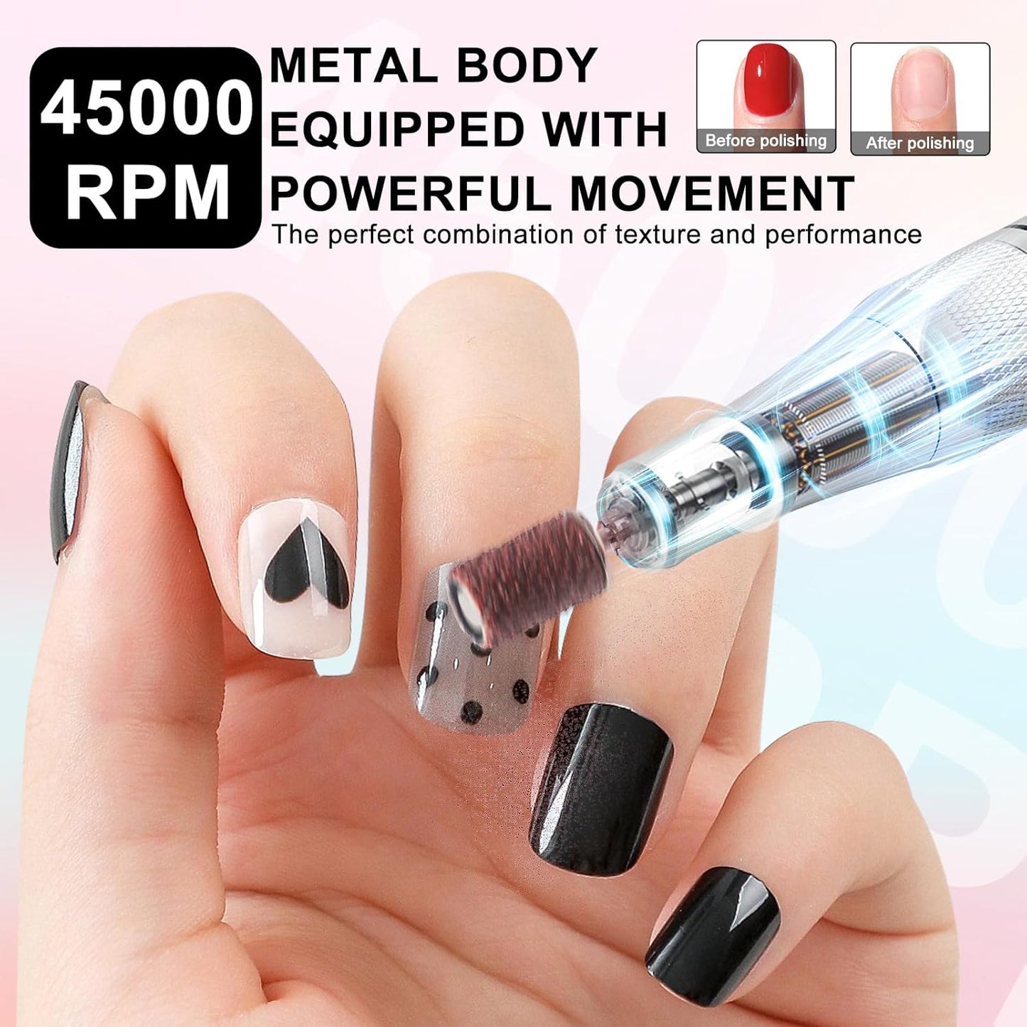 Professional Electric Cordless Nail Drill File:Glitter Portable Cordless E-File Nail Drill Kit with13 Drill Bits 45000RPM Rechargeable Nail Drills Machine for Acrylic Nails Gel Polishing (Pink)