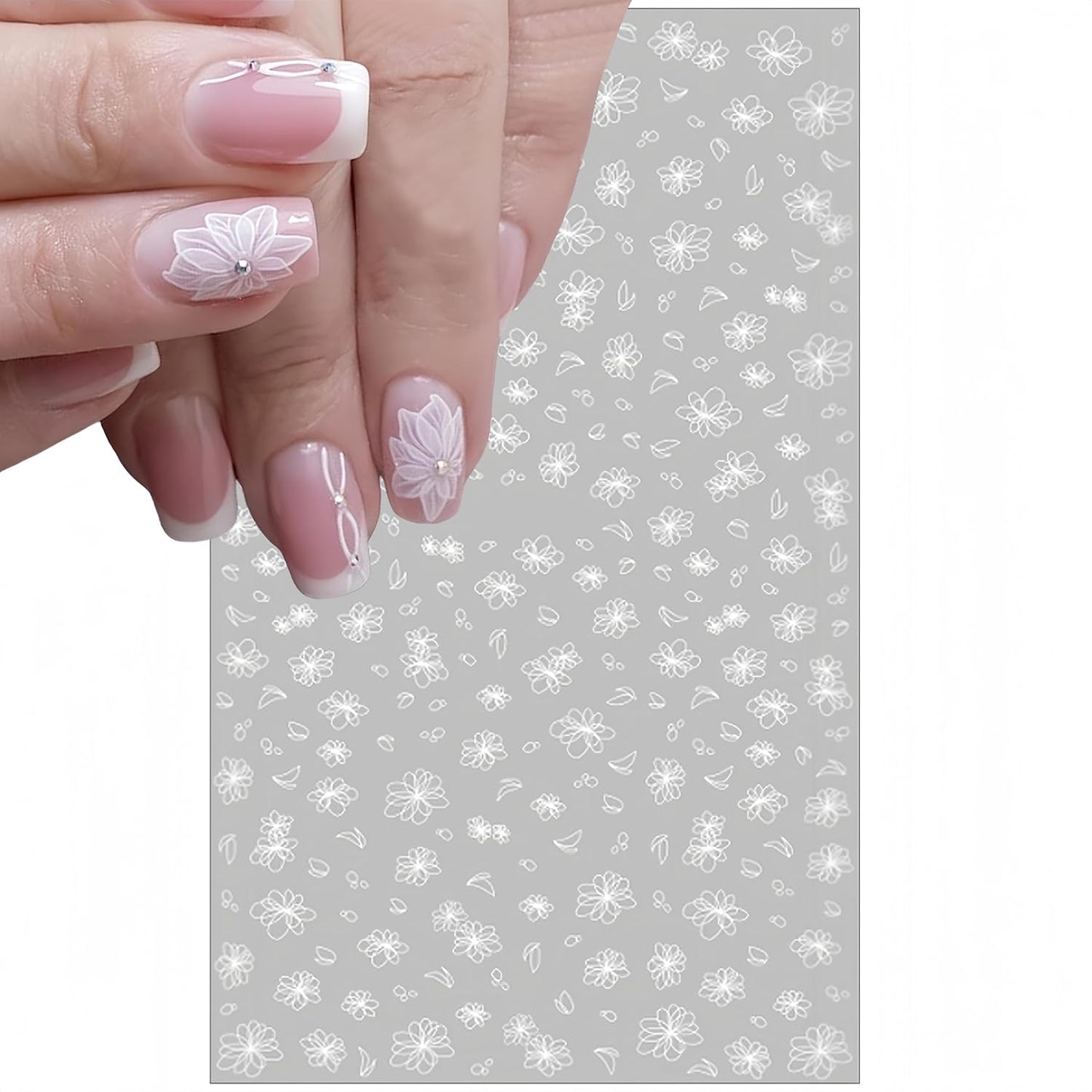 6Sheets Summer Flower Nail Art Stickers Black White Flower Nail Decals 3D Self Adhesive Nail Decals White Floral Cherry Blossoms Floret Nail Design for Women DIY Nail Decoration Accessories Craft