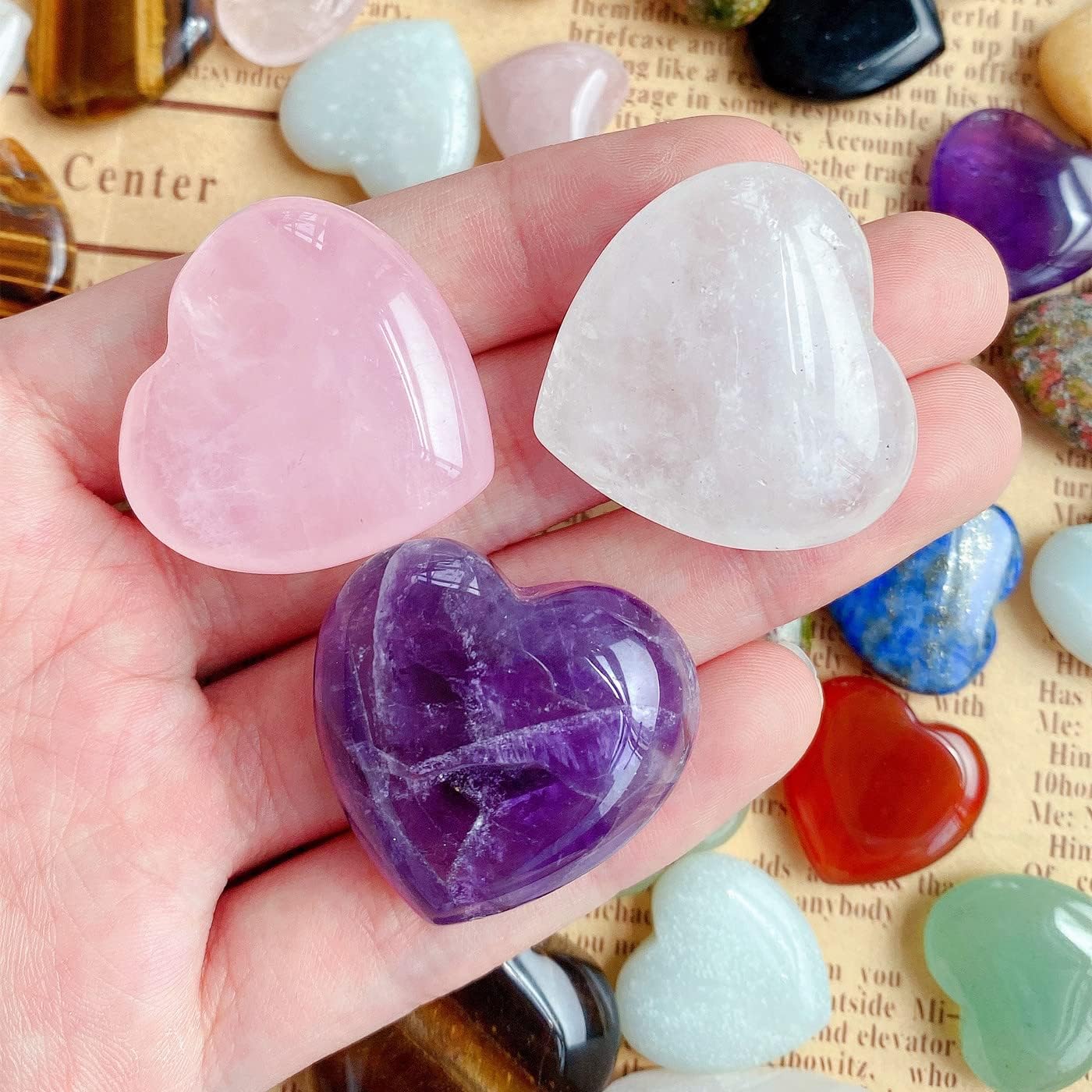 QINJIEJIE 1.2" Large Heart Crystals Rose Quartz Amethyst Healing Clear Crystal Heart Shape Love Stones Gemstones Stone Polished Thumb Gemstones Therapy Reiki Energy Balancing Gifts 3 Pcs