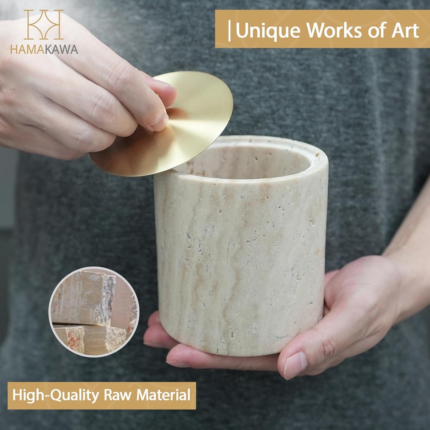 Qtip Holder With Brass Lib, Beige Travertine Cotton Swab Jars 4 Inch, Modern Round Marble Canister, Small Apothecary Storage Jars for Bathroom, Bedroom, Vanity, Kitchen Cabinet