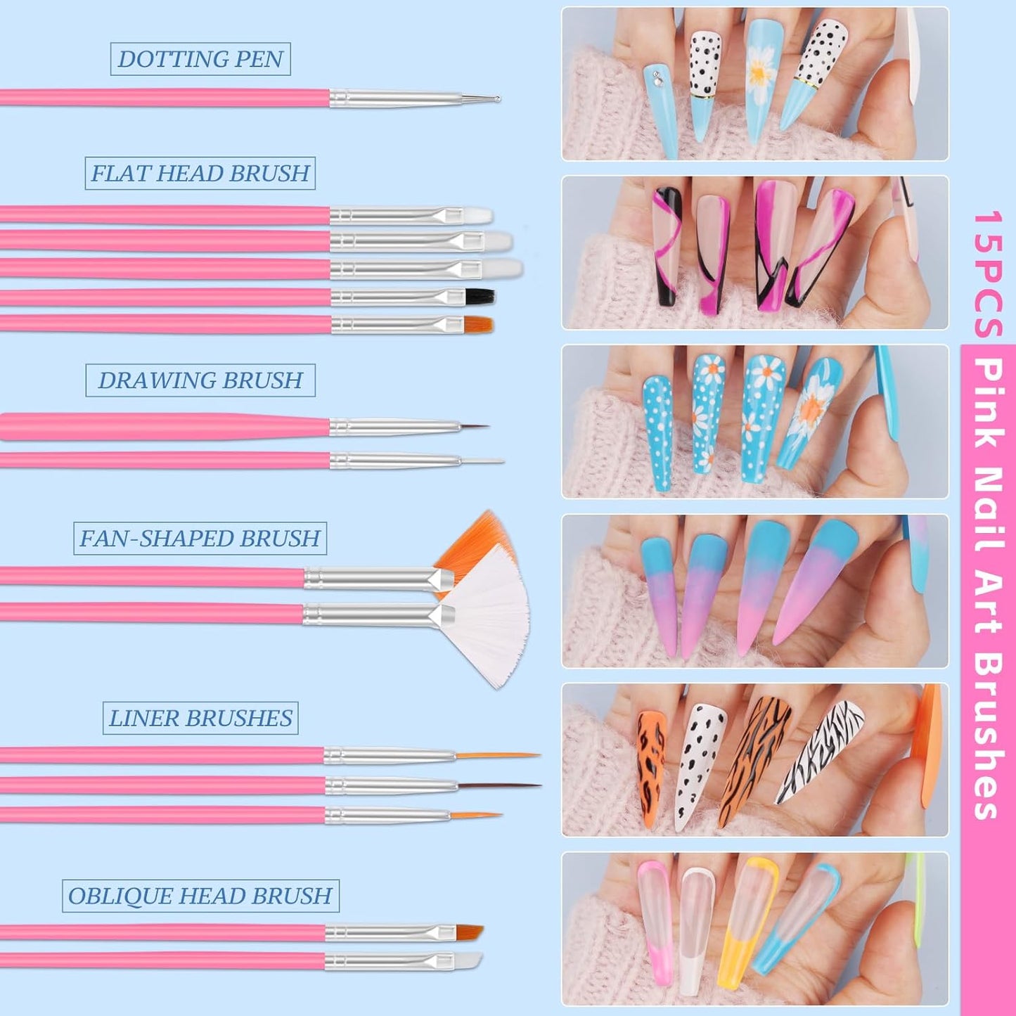 Nail Art Kit for Beginners with Nail Brushes Set and Dotting Tools, Jumbo Holographic Glitter Sequins 2-6mm Rhinestones 3D Pink&White Flowers Metal Studs Colorful Striping Tape with Tweezers (03-Pink)