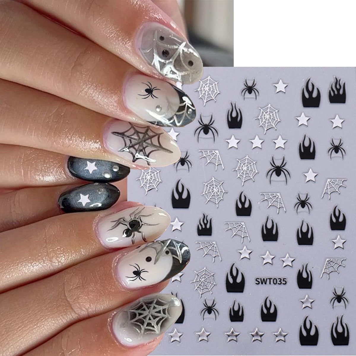 Spider Web Nail Stickers Halloween Nail Sticker for Nail Art 3D Self Adhesive Nail Decals Star Heart Water Drop Flame Design Spider Nail Art Stickers for Women DIY Salon Manicure 6 Sheet