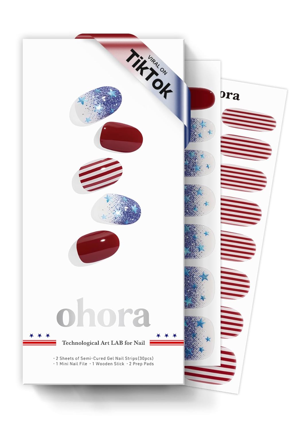 ohora Semi Cured Gel Nail Strips (N Spangled Burst) - Works with Any Lamps, Salon-Quality, Long Lasting, Easy to Apply & Remove - Includes 2 Prep Pads, Nail File & Wooden Stick