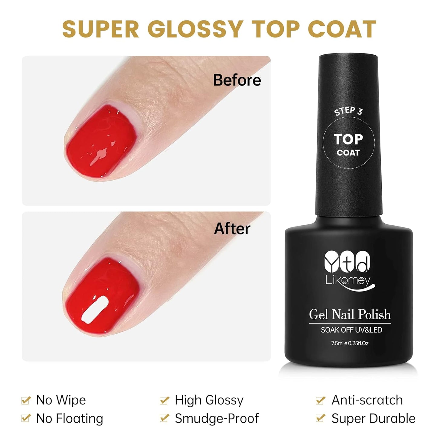 YTD Likomey Gel Nail Polish Base Coat and Top Coat Kit,Long Lasting No Wipe Glossy Matte Coat UV Nail Gel Set,3 Pcs 7.5 ml