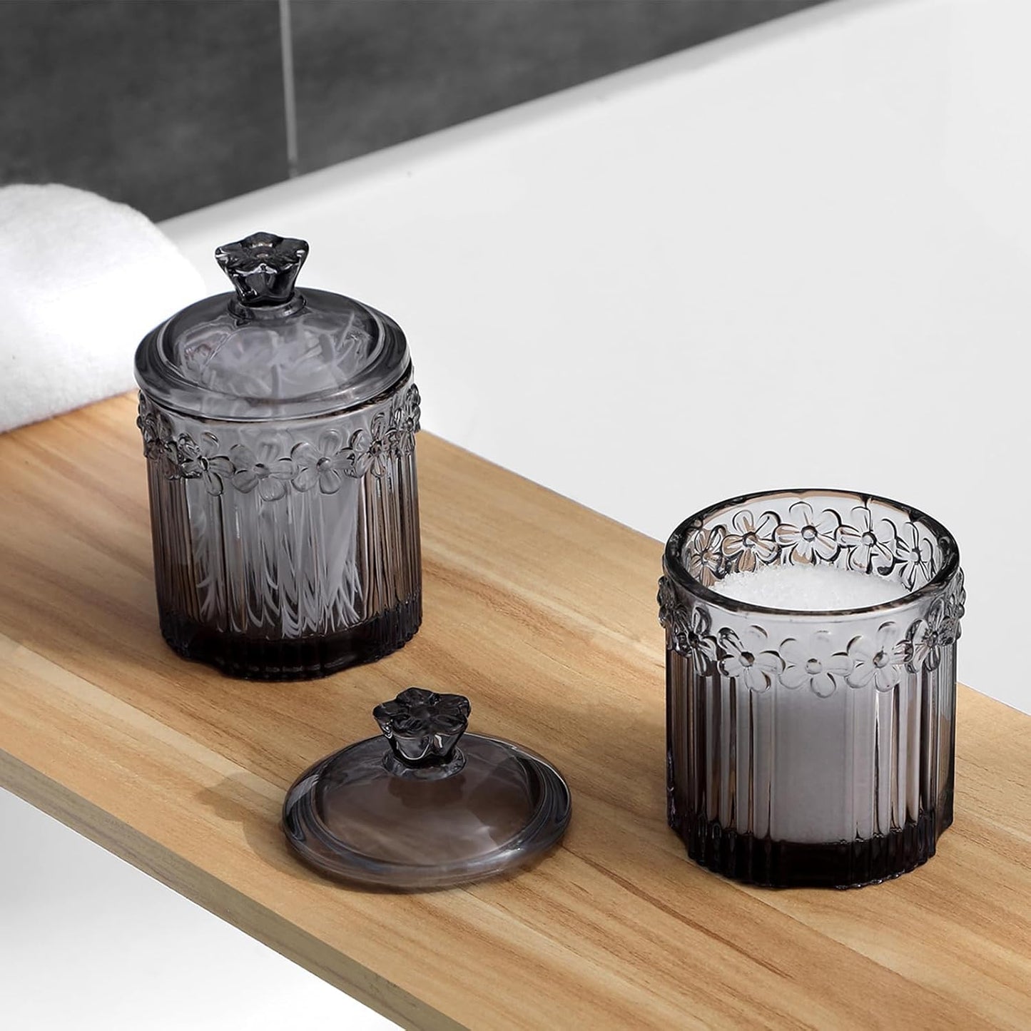 rejomiik 2 Pack Qtip Holder Glass Apothecary Jars with Lids Set Bathroom Canisters Dispenser Organizers and Storage for Cotton Swabs, Balls, Pads, Floss Picks, Candy, Grey