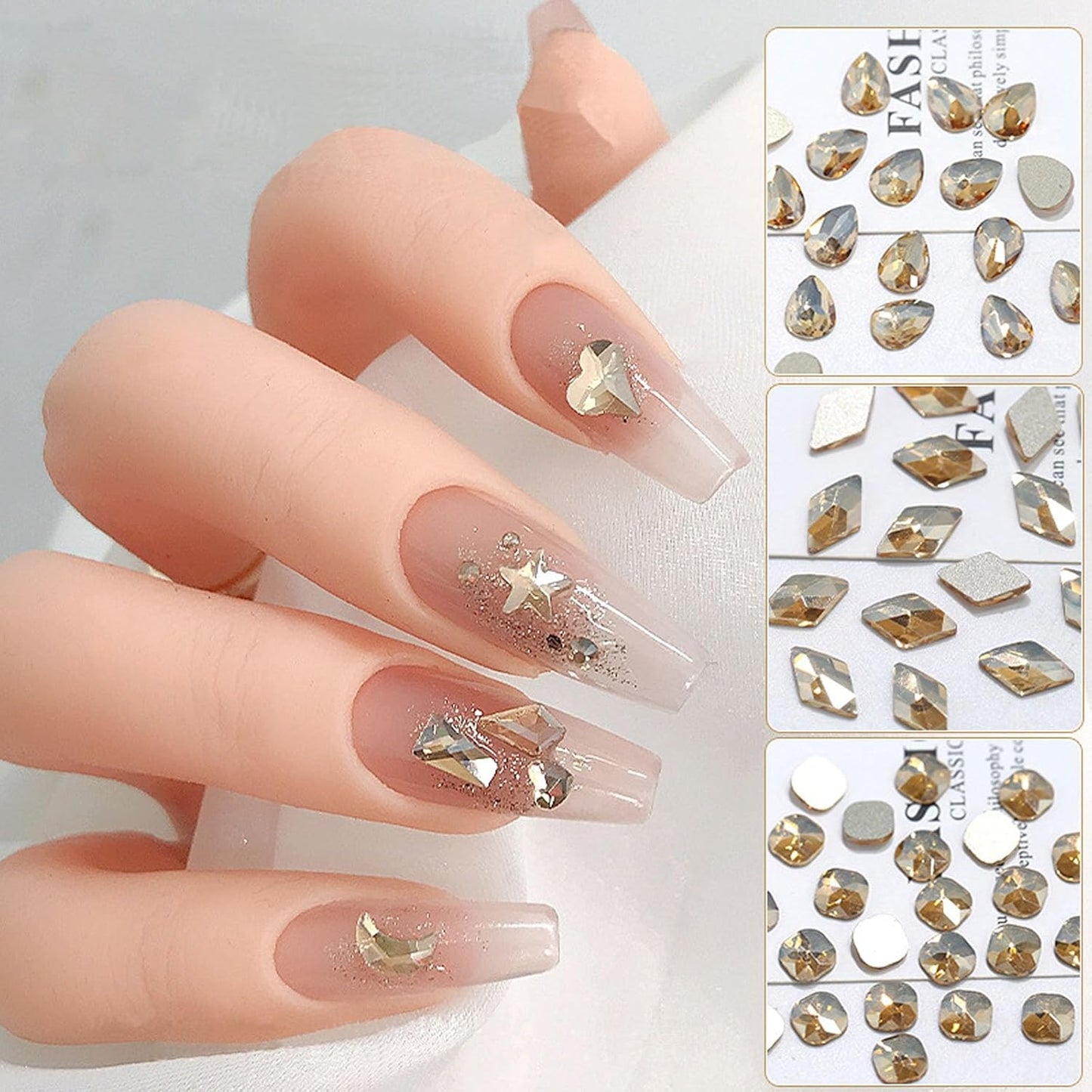 Nail Rhinestones Kit, 18 Types of 900 Special-Shaped Nail Diamonds + 3200 Flat-Bottomed Rhinestones, Champagne Crystals DIY Crafts Gold Gemstones for Nail Art Design