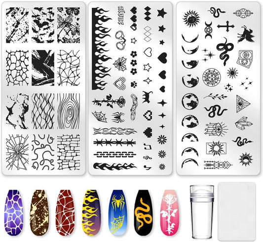 3Pcs Punk Nail Stamping Plate Set Snake Heart Nail Stamping Templates French Line Tip Nail Plates Flames Star Stainless Steel DIY Reusable Tools with Stamper Scraper for Manicure Printing