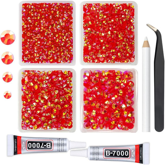 Red AB Resin Rhinestones w B7000 Jewelry Glue for Bedazzling Crafting 3mm 4mm 5mm 6mm Flatback Jelly Stones Bulk SS10 SS16 SS20 SS30 Diamonds Gems for Nails Face Eyes Makeup Tumblers Crafts