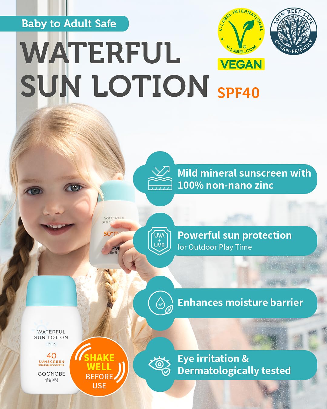 Sun Lotion SPF 40 & Baby Soothing Water Gel Cream - Zinc Oxide Mineral Sunscreen & Cooling Moisturizer - Korean Skincare for Babies Kids - Hypoallergenic Formula, 2.82oz & 3.38oz