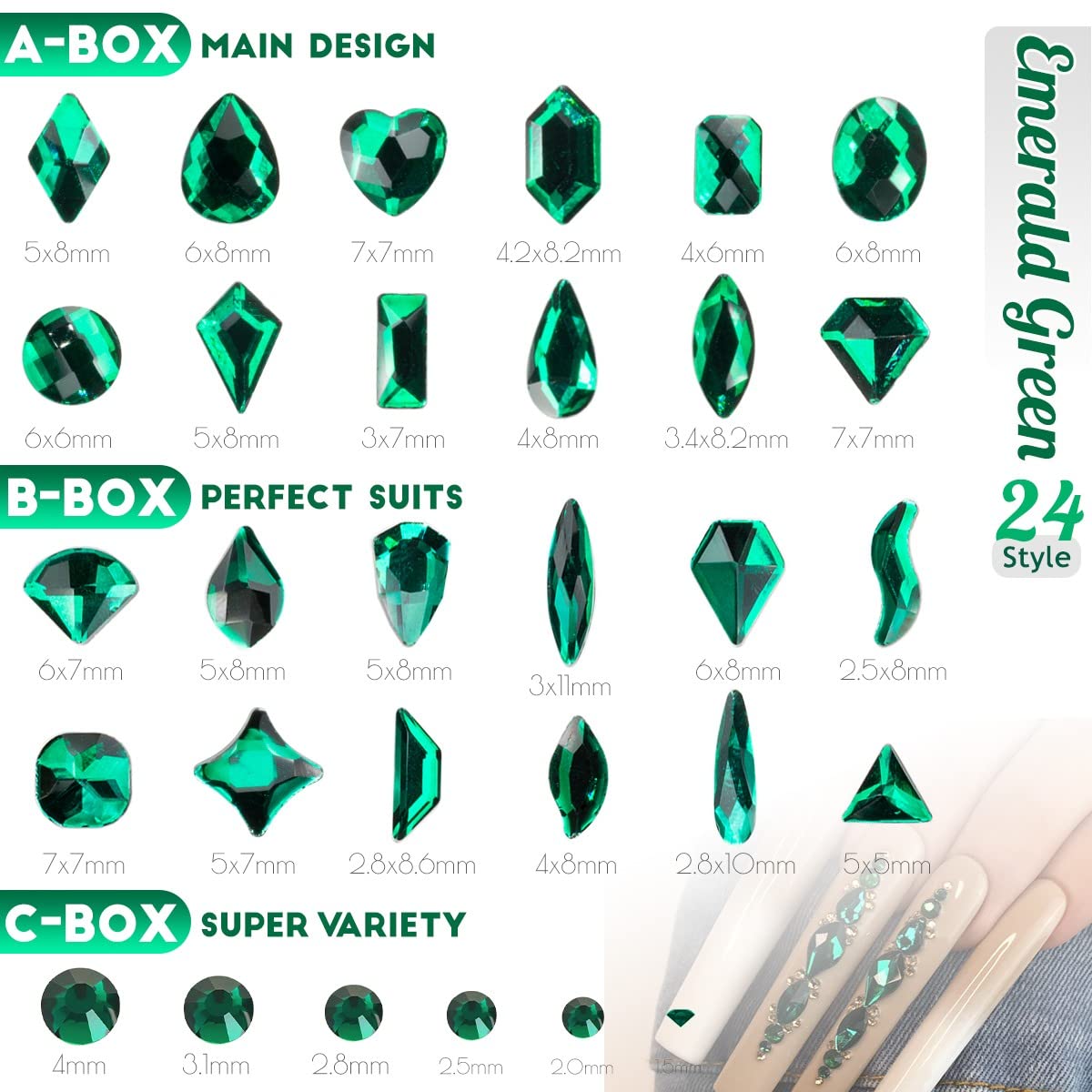 3 Boxes Emerald Green Nail Rhinestones 240 Multi-Shapes Big Gems Dark Green Flatback Round Beads K9 Glass Crystals Stones Nail Art Charms for Nails Face Eyes Makeup DIY Crafts Tumblers Bottles