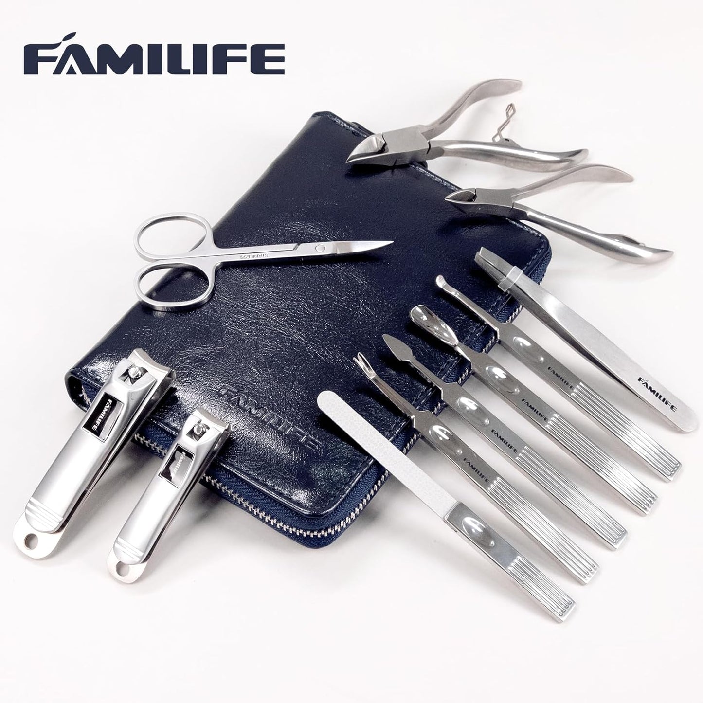 Manicure Kit, FAMILIFE Professional Manicure Set Nail Kit, 11 in 1 Stainless Steel Nail Clippers Set for Men Pedicure Kit, Men Grooming Kit with Portable Blue Leather Travel Case Luxury Gifts for Him