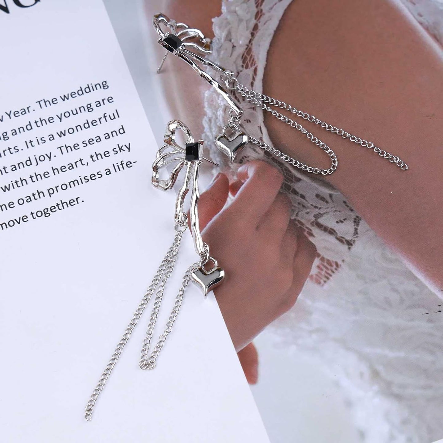 Vintage Butterfly Dangle Earrings Long Butterfly Chain Tassel Earrings Silver Puffy Heart Drop Earrings Black Onyx Butterfly Earrings Jewelry for Women