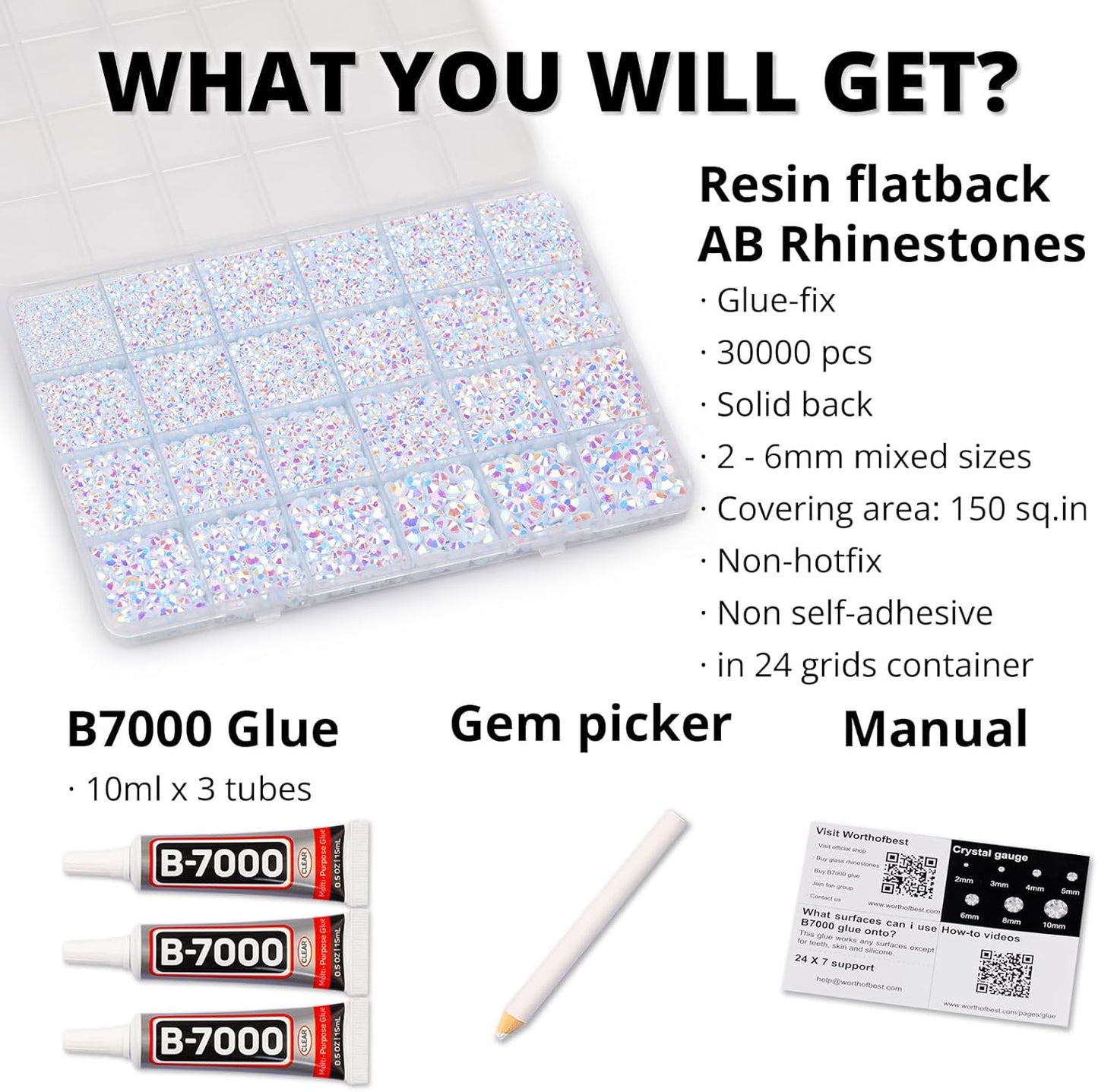 30000Pcs Resin Jelly Rhinestones Set for Crafting Bedazzling, White ab Flatback Gems Jewels for Crafts Clothes Shoes Fabric Outfit Nails Makeup, Flat Back Crystal 2-6mm with b 7000 Glue