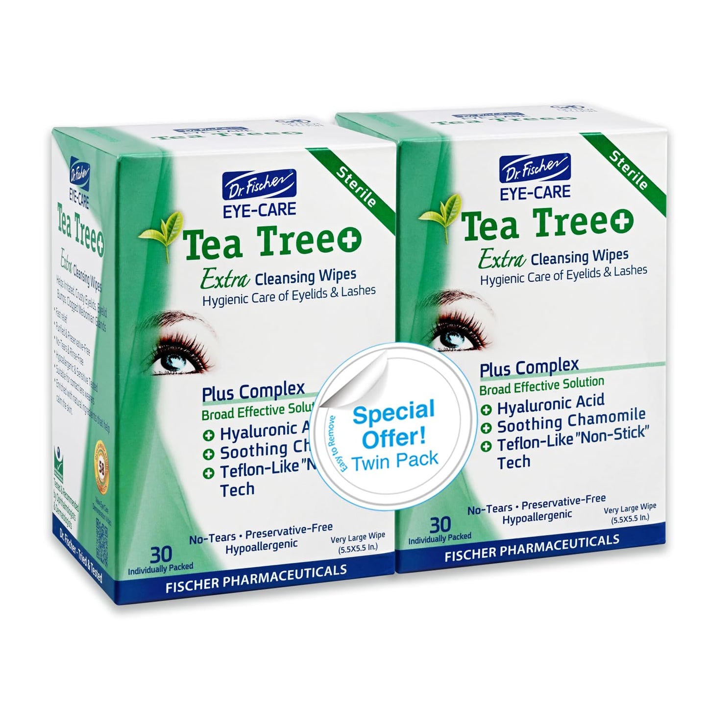 Dr. Fischer Tea Tree Oil Eye Wipes - Eyelid Wipes for Sensitive Eyes with Hyaluronic Acid and Chamomile, Makeup Remover, Daily Cleanser (60 wipes)