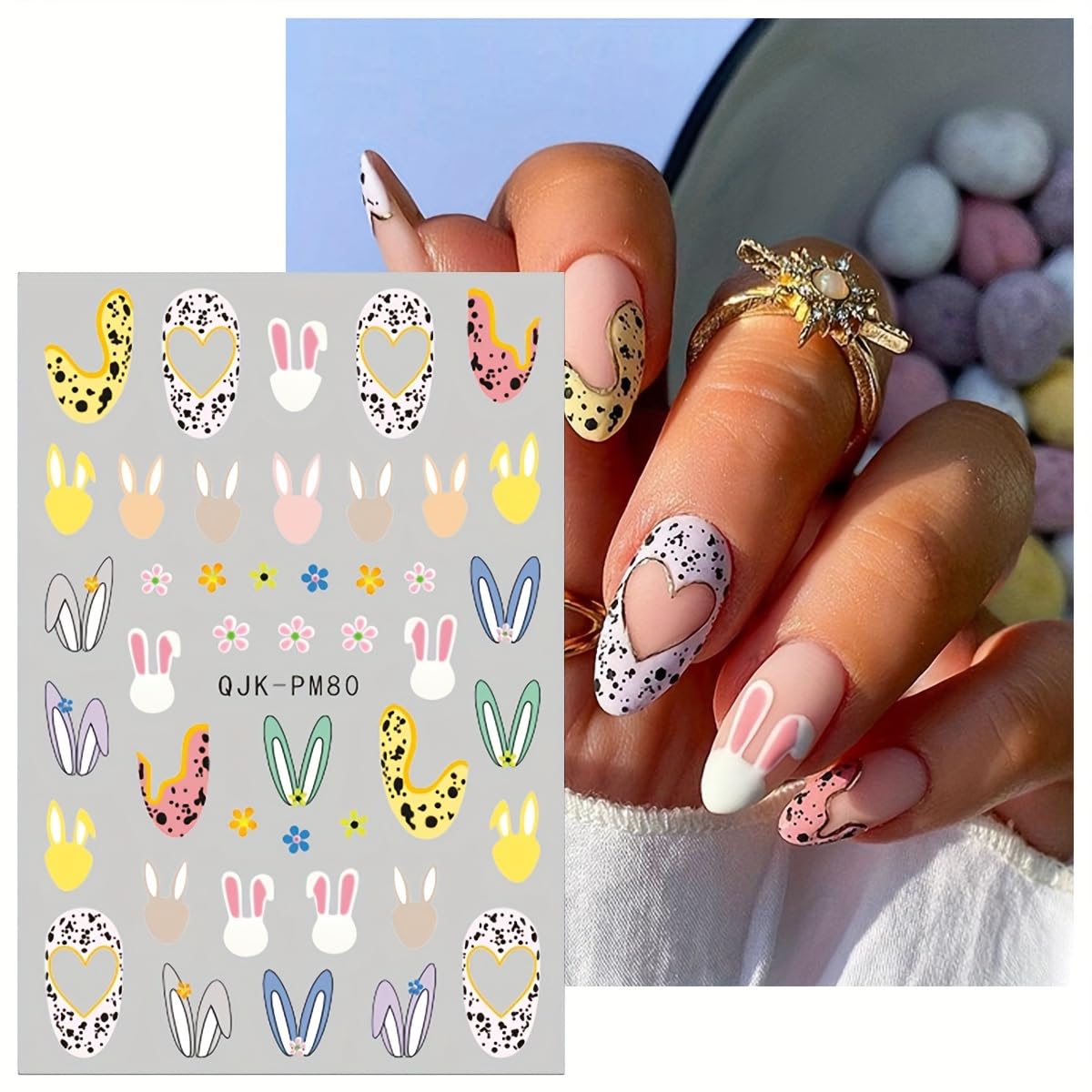 6Sheets Easter Nail Art Stickers Decals Cute Bunny Flower Designs 3D Self-Adhesive Nail Decals Spring Nail Decorations Floral Daisy Butterfly DIY Nail Supplies Easter Nail Accessories for Women Kids