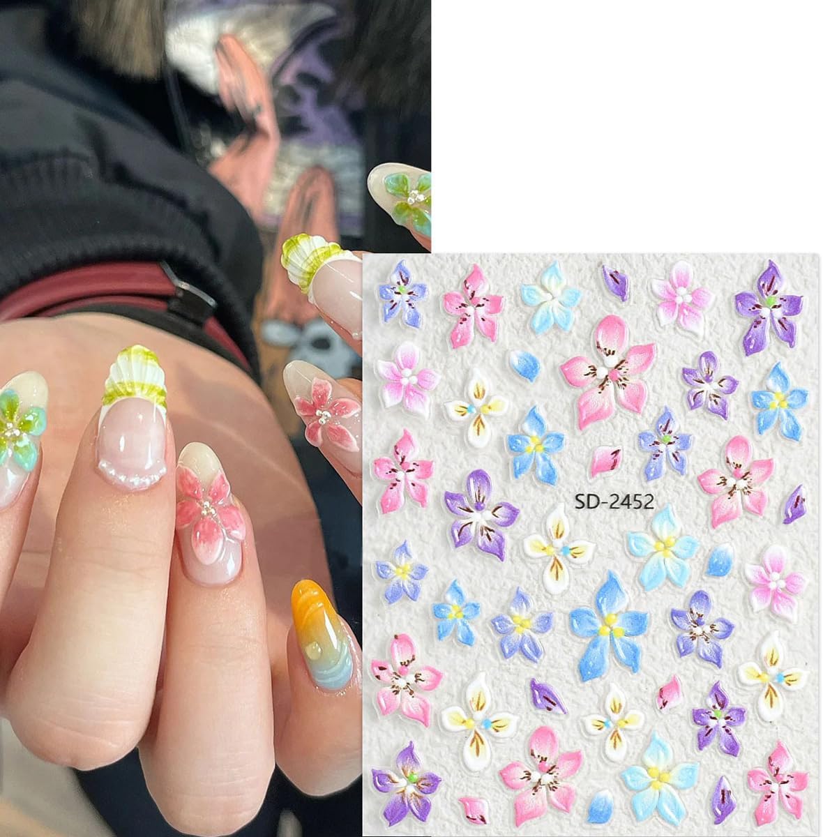 3 Sheets 5D Embossed Flower Nail Art Stickers Self Adhesive Summer Nail Decals Beach Starfish Nail Stickers Hawaii Nail Design Sticker Colour Flower Nail Art Supplies for DIY Decoration Supplies