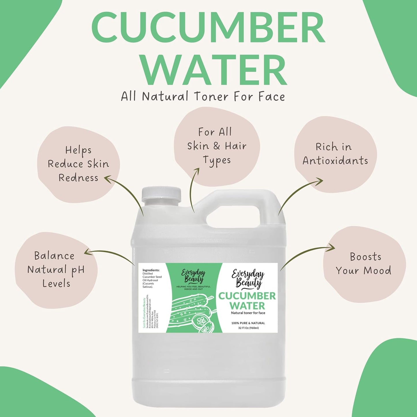 Cucumber Hydrosol Bulk - 32 oz All Natural Hydrating Spray Mist for Face and Hair - 100% All Natural Cucumber Water