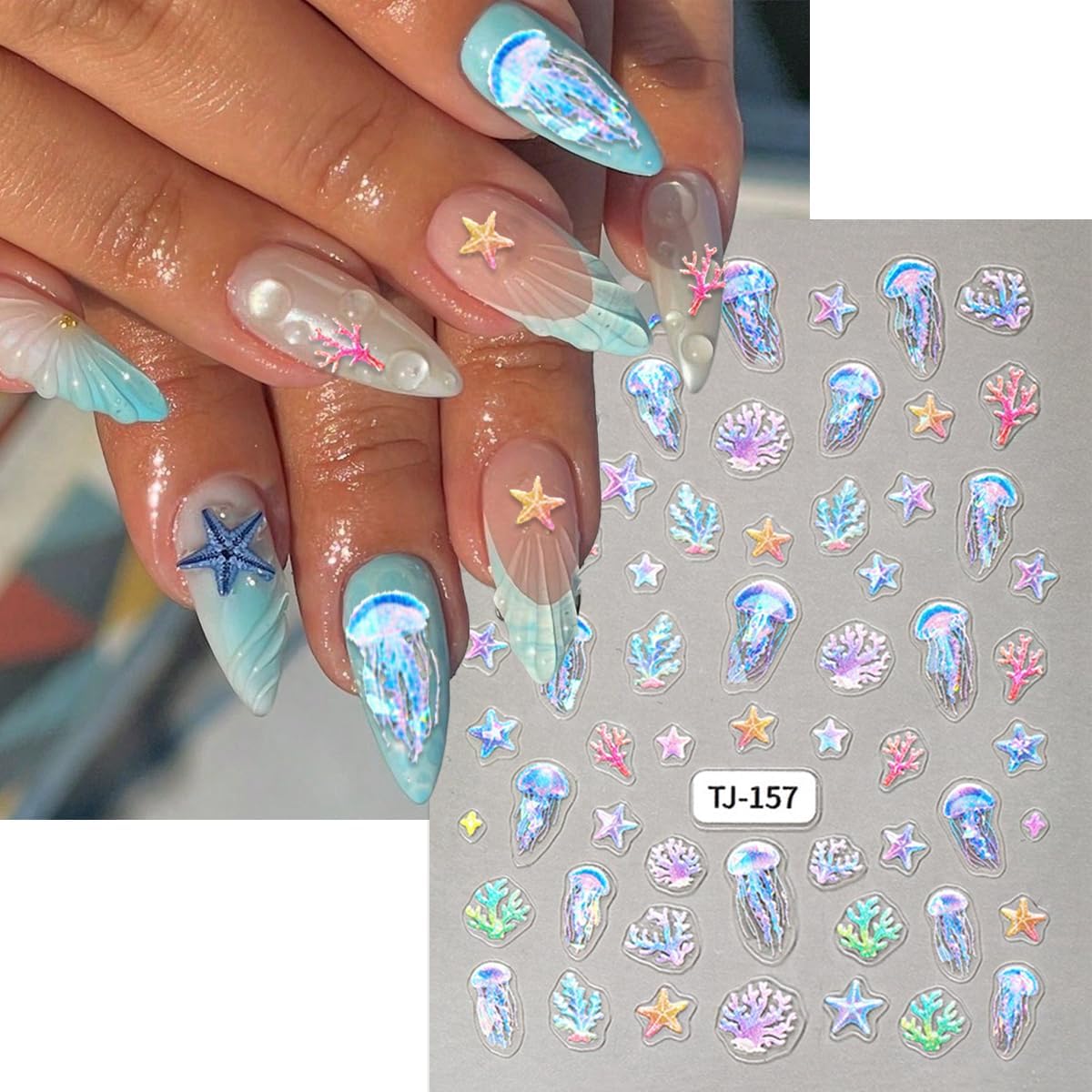 Shell Nail Stickers Jellyfish Nail Decals Starfish Nail Stickers for Nails Art Rainbow Conch Corals Design Summer Colorful Nails Art Sticker for Women Decoration Manicure Supplies 2 Sheet
