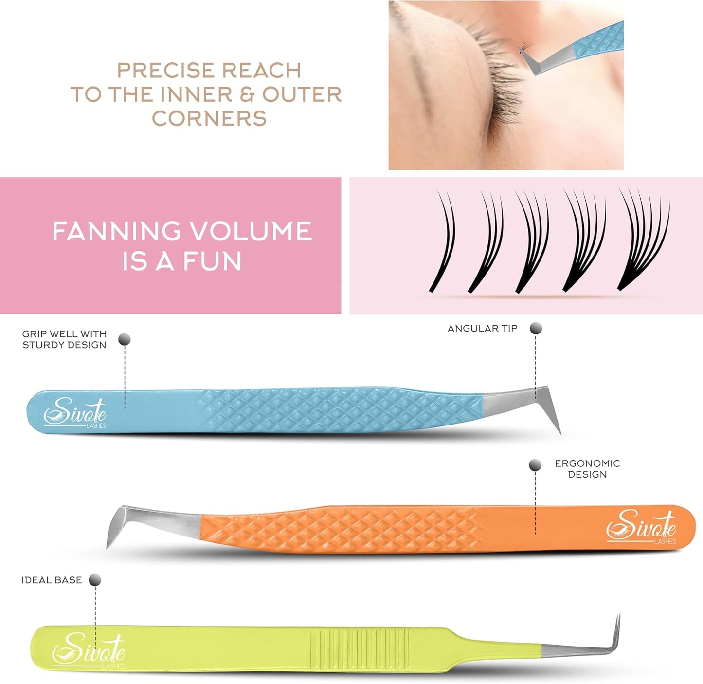 SIVOTE Lash Tweezers for Eyelash Extensions Fiber Tips, Set of 3, Volume, Volume Boot, 90 Degree Tweezers, Blue Yellow Orange