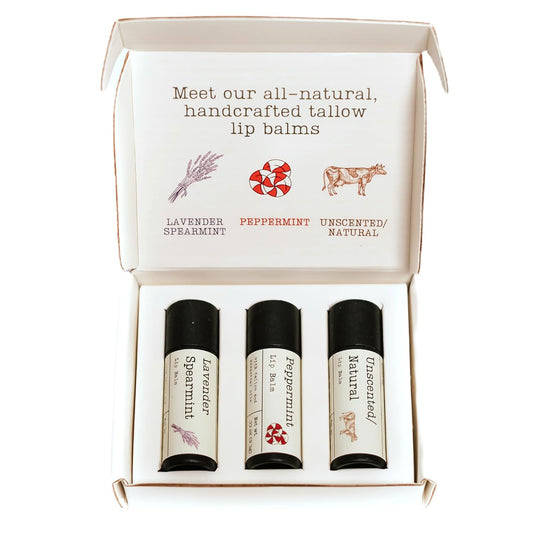 Handmade Tallow Lip Balm Collection: Unscented/Peppermint/Lavender-Spearmint (3x .33 oz)