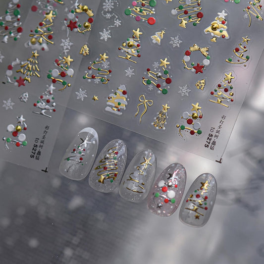 Christmas Nail Stickers Gold Nail Decals Xmas Tree Nail Stickers for Nails Art with Snowflakes Design 5D Embossed Self Adhesive Nails Charms for Women Girls Kid Manicure DIY Decoration Accessories