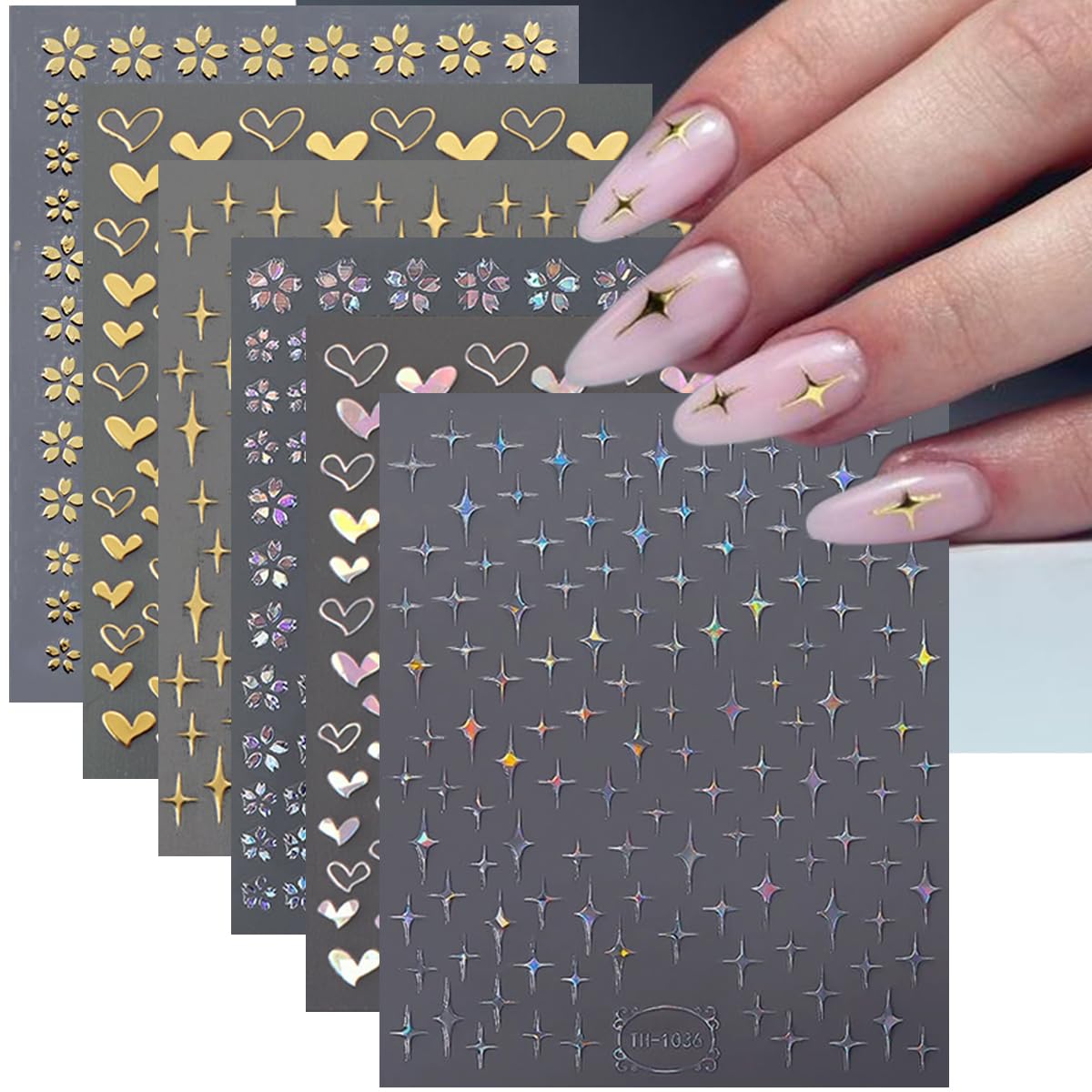 Heart Flowers & Star Nail Stickers, Laser Silver & Gold Star Nail Decals - 3D, Self-Adhesive, DIY Nail Art Designs for Women