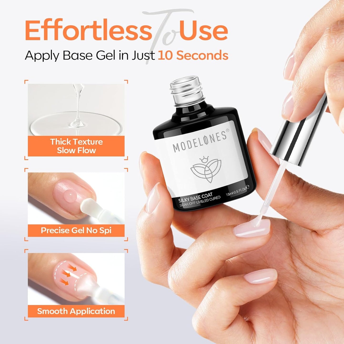 Modelones Gel Top Coat and Upgrade Silky Base, 2 Pcs 15ml Base and Top Coat Set Clear No Wipe Diamond Shine Easy Apply Gel Polish Soak Off U V LED Nail Art Home DIY Manicure Gift for Women Beginners