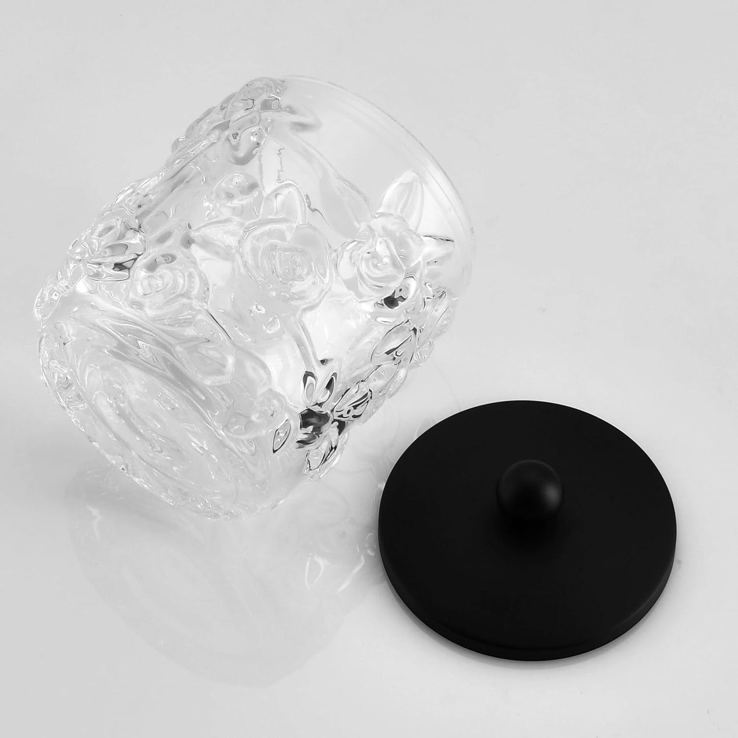 Home Glass Cotton Jar Holder Matte Black Lid, Elegant Bathroom Storage Canister for Qtips, Cotton Balls, Floss, Makeup Organizer, Vanity Bathroom Organization (UPDATED BLACK)