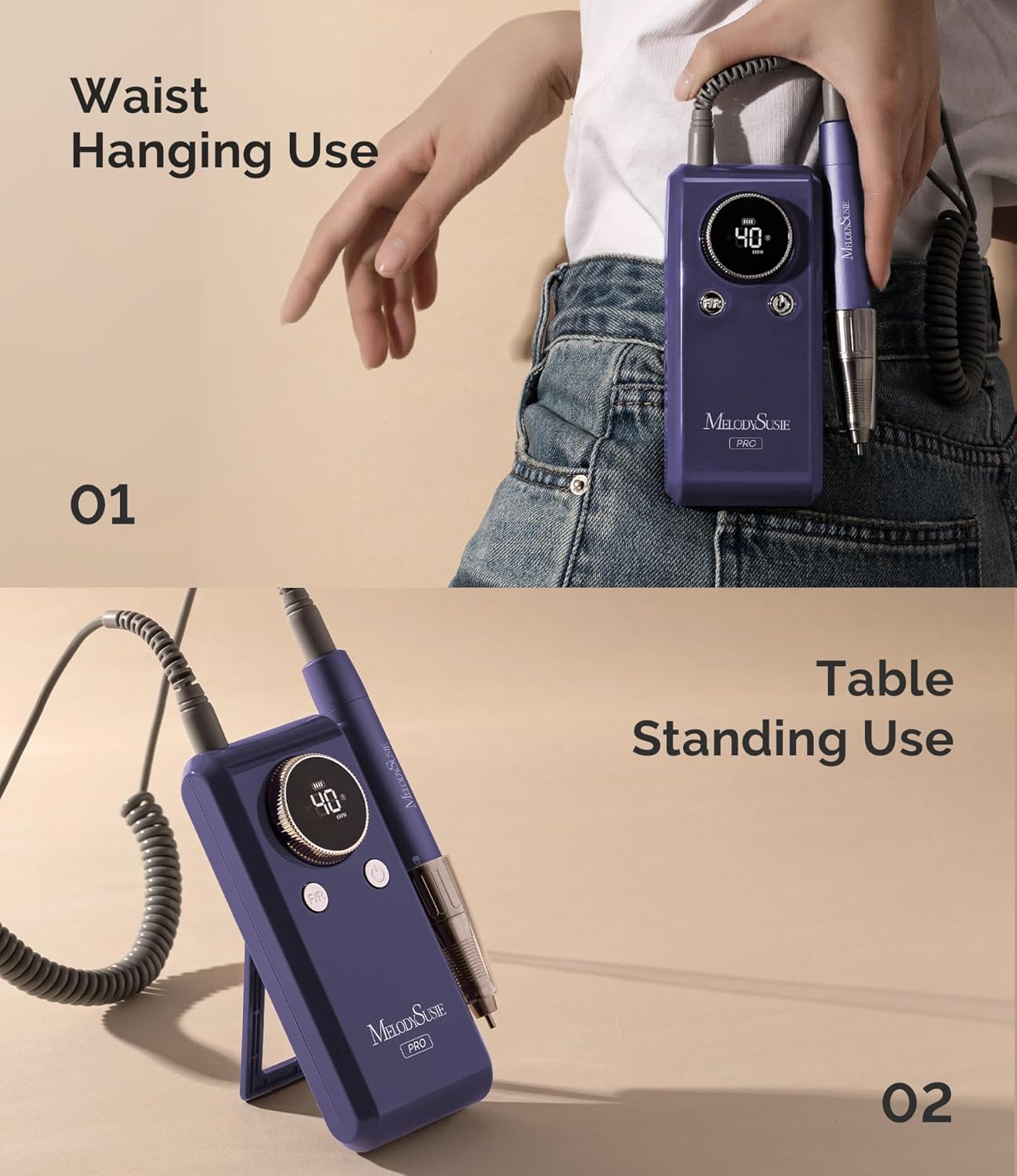 MelodySusie Professional 2 in 1 Nail Drill Kit 40,000 RPM, MB420G Brushless Portable Cordless Rechargeable Electric Nail File, Efile Nail Drill Machine for Acrylic Gel Nails Polishing Removing, Purple