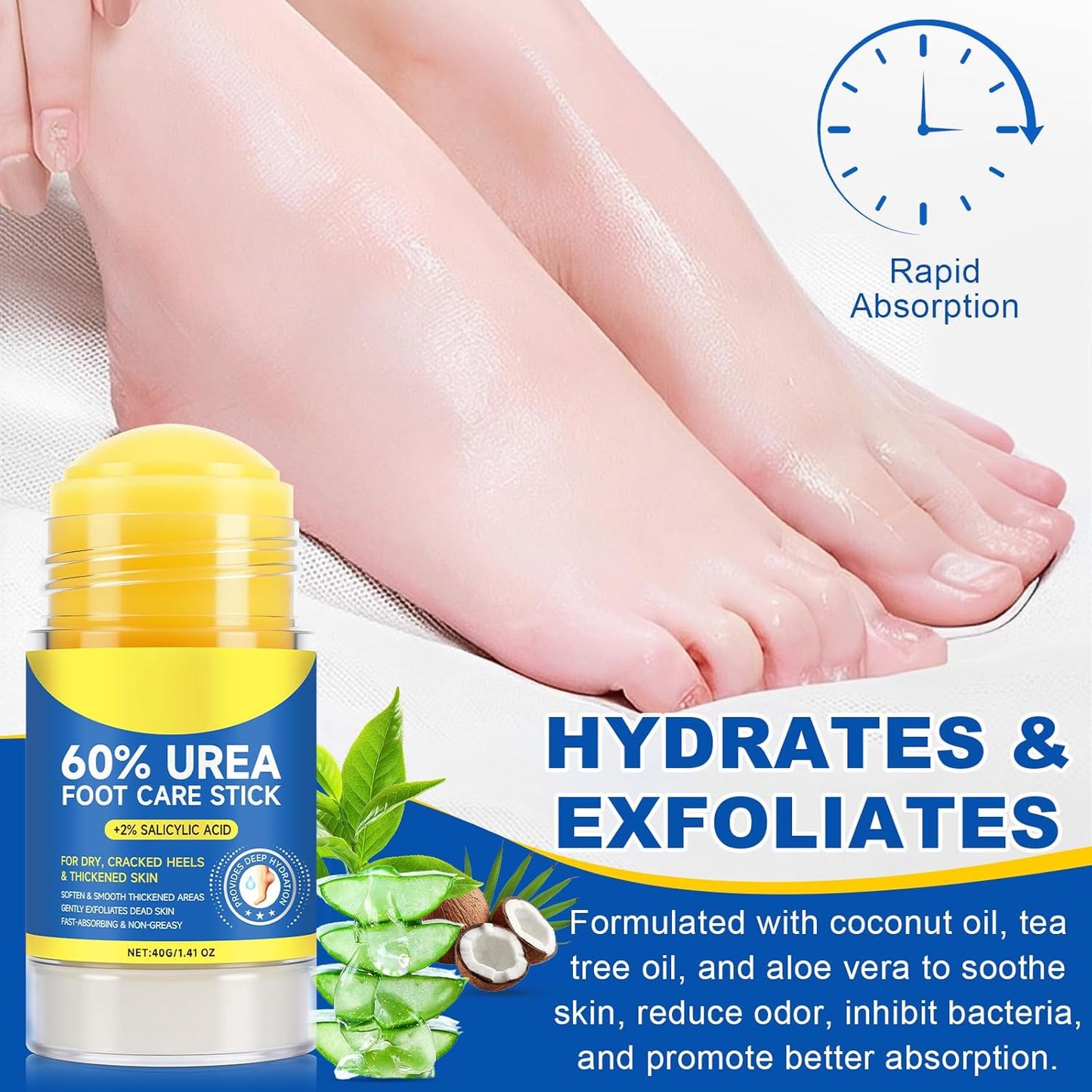 Urea Cream Stick 60% plus Salicylic Acid 2%, Maximum Strength Urea Foot Cream for Dry Cracked Feet, Knees, Elbows, Hands, Exfoliating Dead Skin, Softening Skin Moisturizer (1PC, 40G)