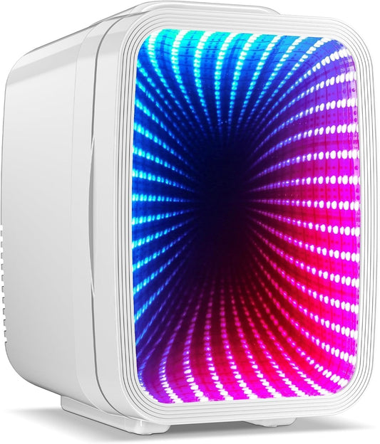 MF01C Mini Fridge, 7 Light Modes With Running Light Mode, 4 Liter/6 Cans, Quiet Cooling & Retention Function, AC/DC Power, Gaming Mini Fridge for Bedrooms, Office and Car