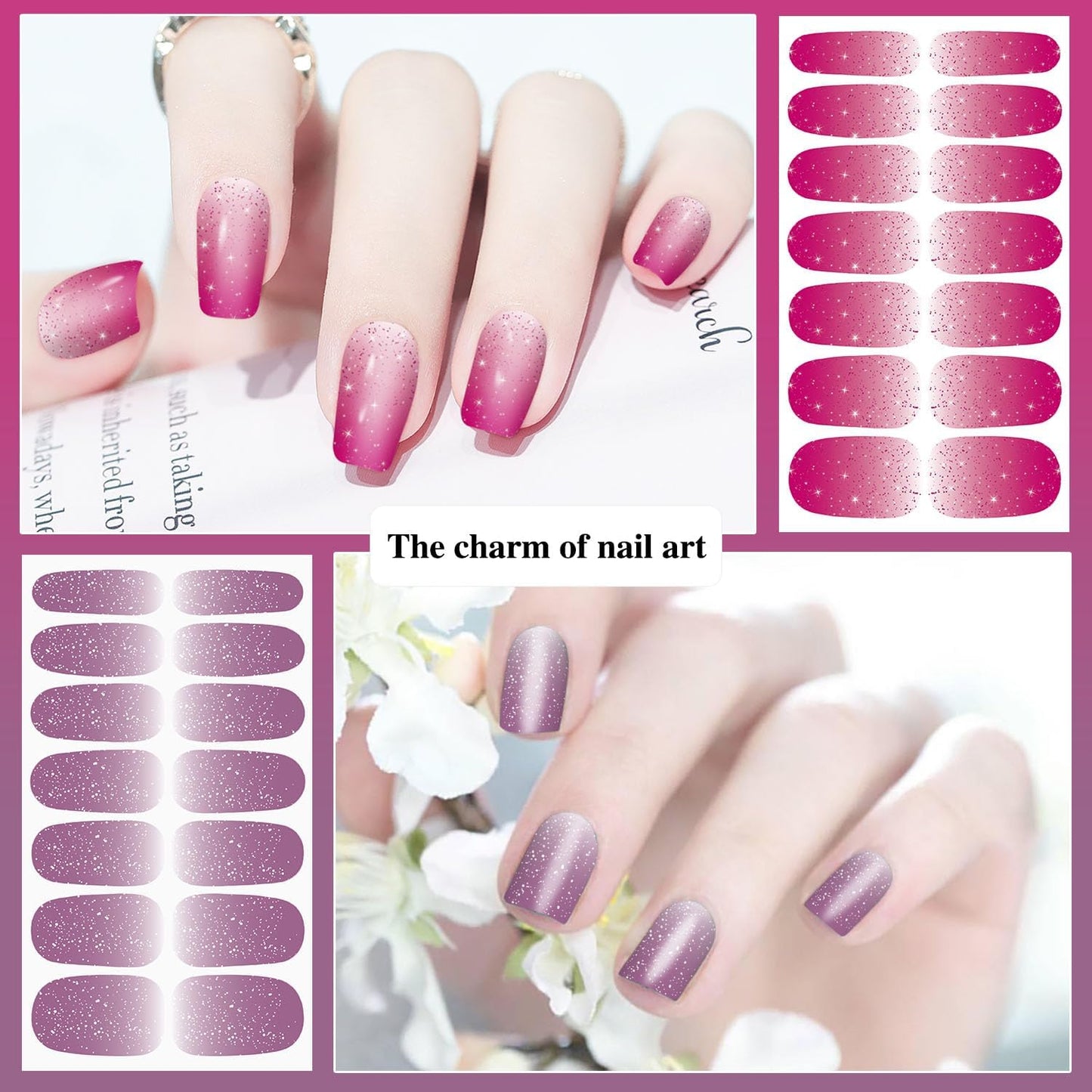 DANNEASY 16 Sheets Nail Polish Stickers Full Nail Wraps for Women Blue Glitter&Solid Color Fingernails Wrap Self Adhesive Nail Polish Strips Gel Nail Strips with Nail File, Cuticle Stick