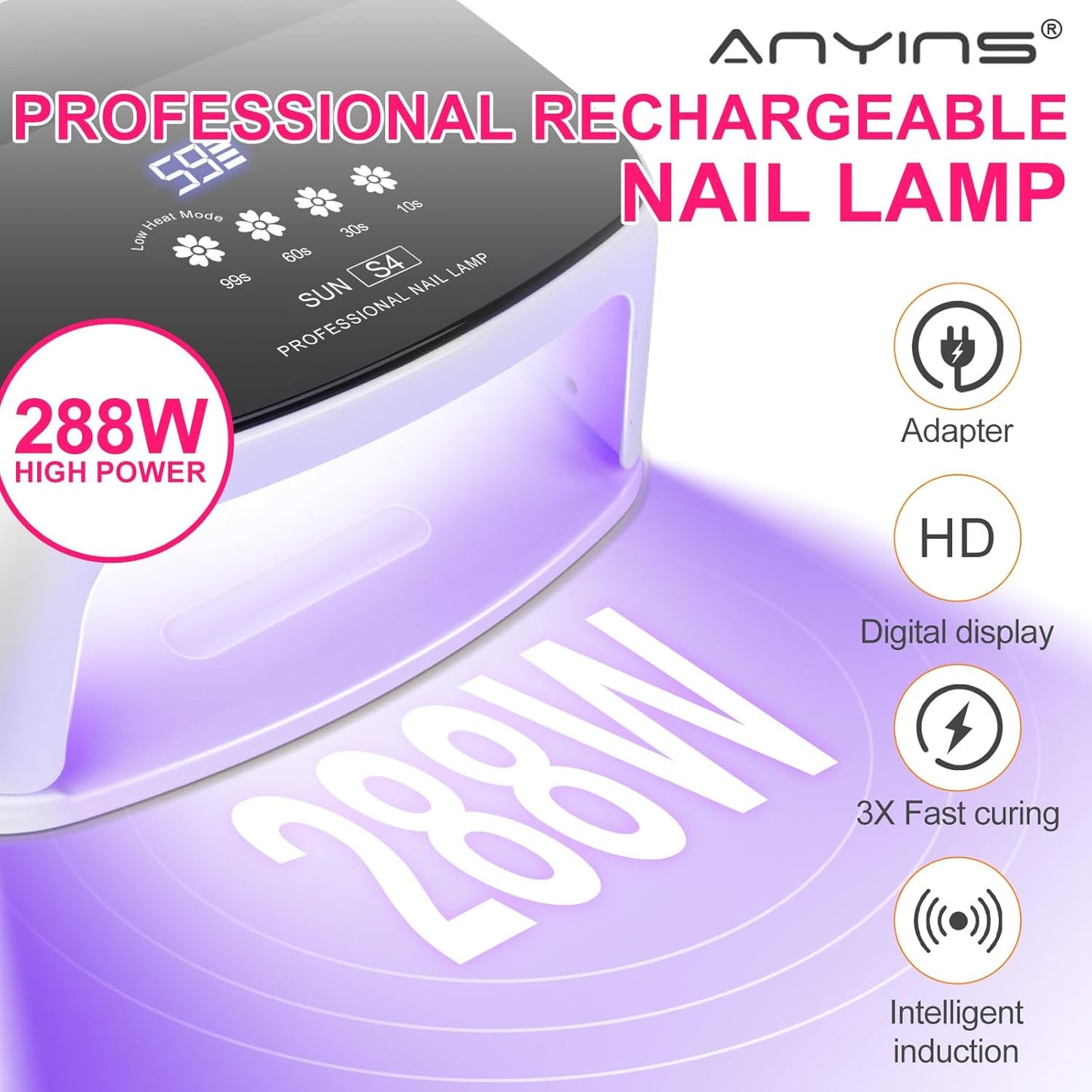 UV Nail Lamp, 288W 8 Hours Super Long-Lasting 15600mAh Professional Cordless UV LED Lamp for Nails 66Pcs Lamp Beads Automatic Sensor Gel Nail uv Light for Nail Art at Home and in Salons Pink