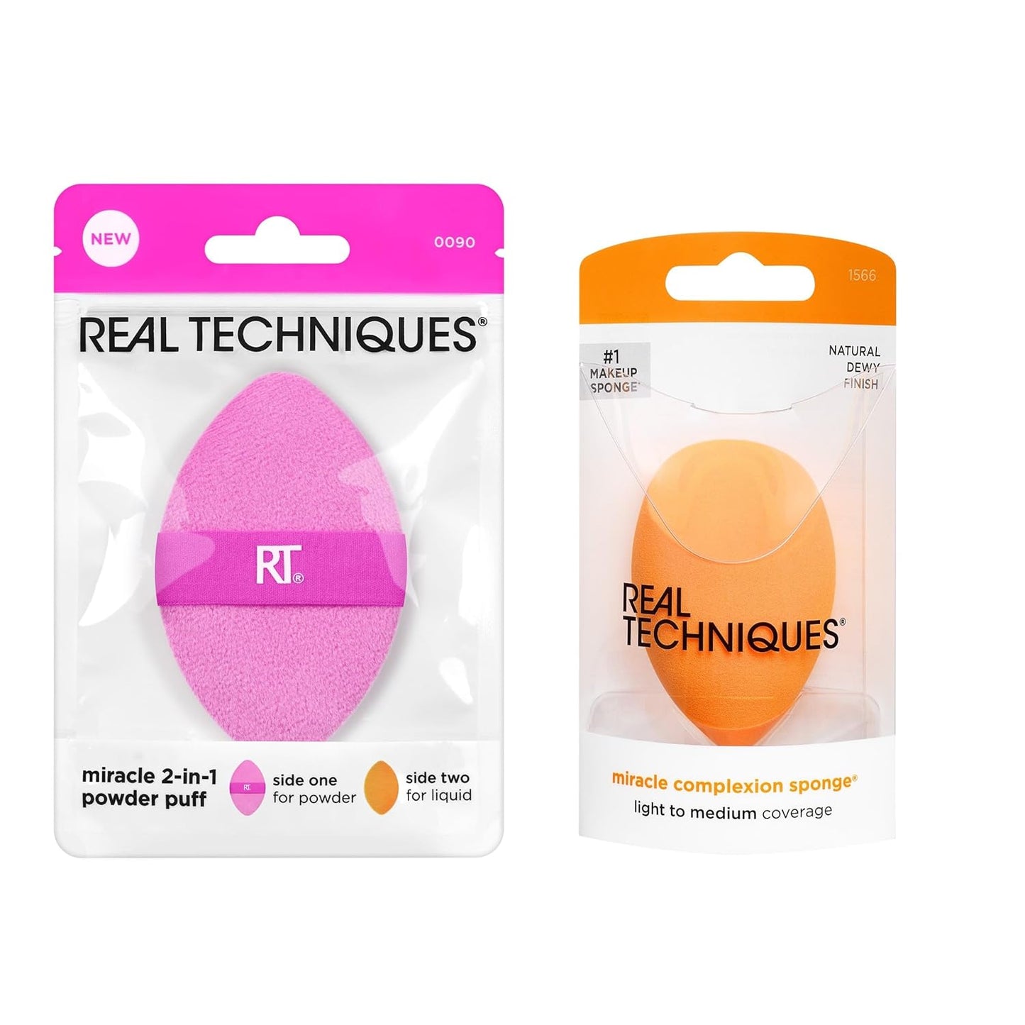 Real Techniques Miracle Complexion Sponge + Miracle 2-In-1 Powder Puff, Makeup Blending Sponge & Dual-Sided Powder Puff, For Liquids, Creams, & Powders, Vegan & Latex-Free, 2 Count