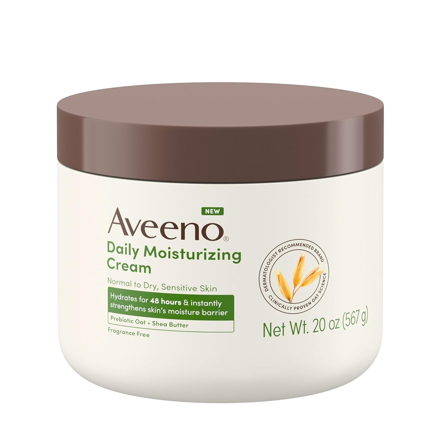 Aveeno Daily Moisturizing Cream with Prebiotic Oat & Shea Butter for Body, Face & Hands Moisturizer Cream, Hydrates Normal to Dry, Sensitive Skin, Fragrance Free, Non-Comedogenic, 20 oz