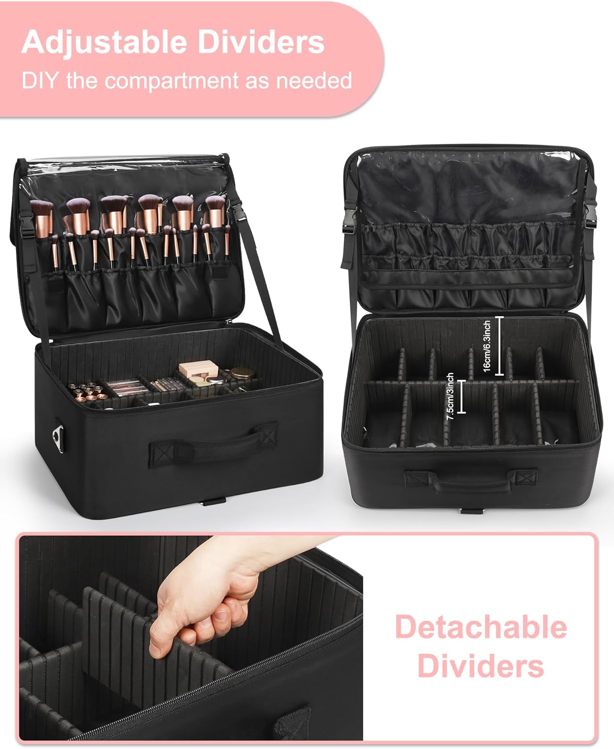 Relavel Extra Large Makeup Case Professional Cosmetic Storage Organizer Box Brush Holder with 4 Clear Set Bags & Lipstick Plate for Makeup Artists with Shoulder Strap & Adjustable Dividers