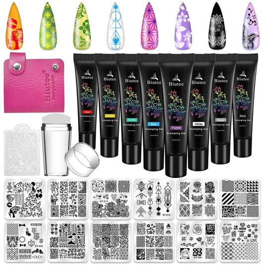 Biutee Nail Stamping Plates Set - 12pcs Templates, 8 Colors, Stamper, Scraper, Storage Bag - Animal & Flower Design Nail Art Plates