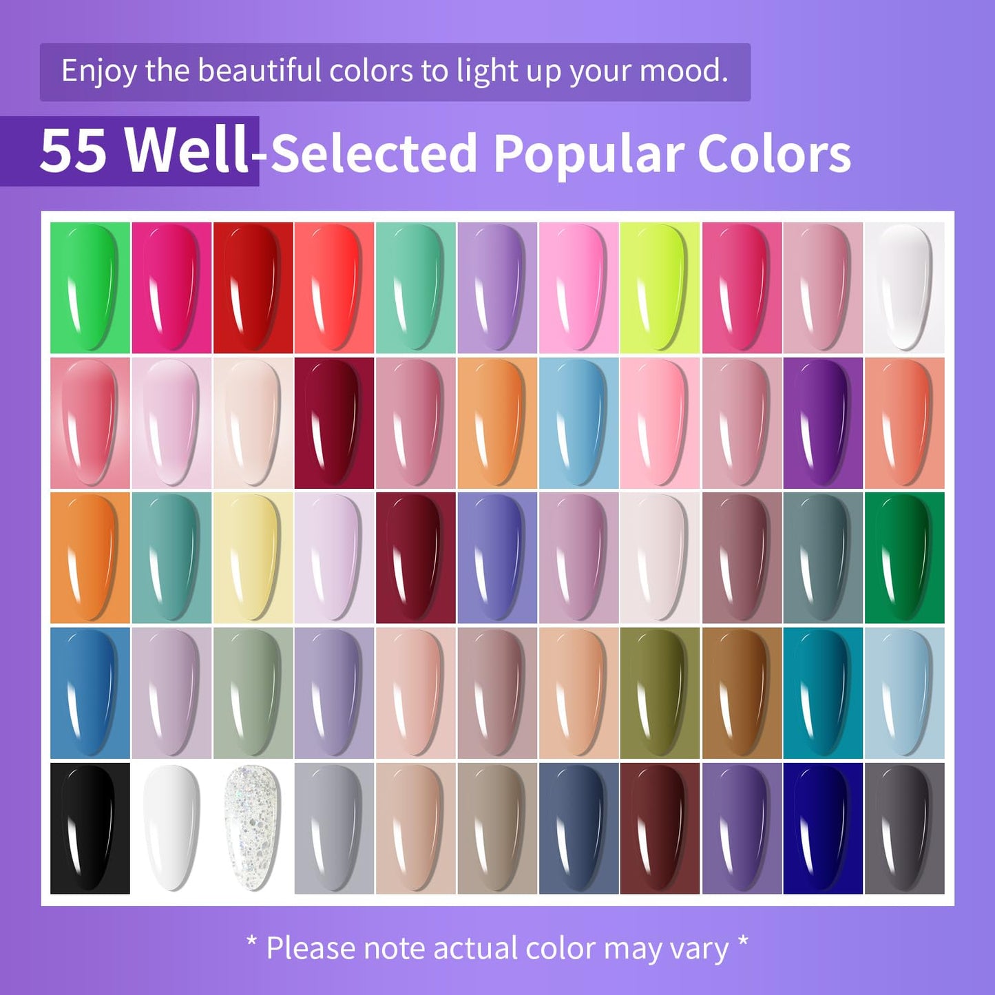 JODSONE 60 Bottles of Gel Nail Polish Kit with U V Light 55 Kinds of Gorgeous and Charming Gel Polish Kit 5 Pieces Soak off Glossy Matte Top Coat Base Coat