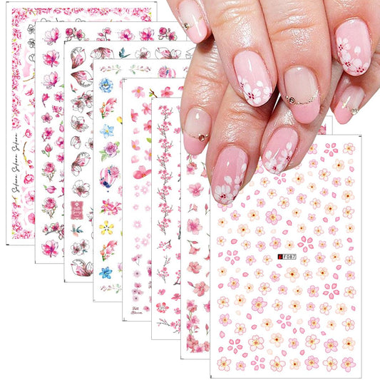 Flower Nail Art Stickers Decal 8 Sheets Pink Cherry Blossoms Nail Stickers 3D Self Adhesive Beautiful Petals Leaf Nail Art Design Supplies for Acrylic Nail Women Girls Manicure DIY Supplies
