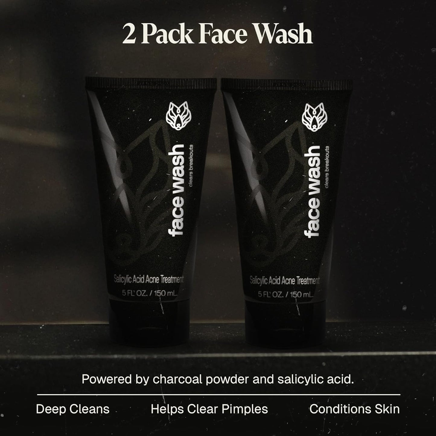 Black Wolf Men’s Charcoal Powder Face Wash - 5 Fl Oz, 2 Pack - Facial Cleanser Removes Unwanted Impurities from Your Skin & Soothes Irritation