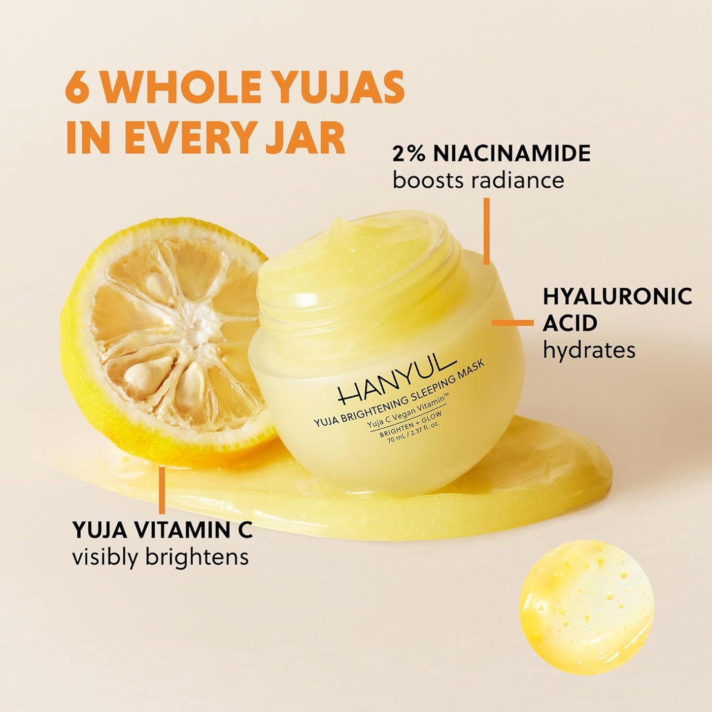 Hanyul Yuja Sleeping Mask | Korean Yuzu Night Cream, Vitamin C for Glow, Radiance, Brightening, Vegan Hydrating Overnight Moisturizer with Hyaluronic Acid, Niacinamide & Antioxidants 2.37 fl. oz.
