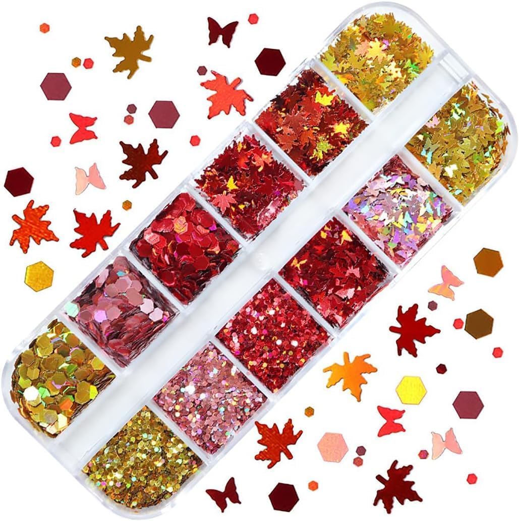 Fall Leaf Glitter Nail Sequins,3 Boxes Holographic Maple Leaf Nail Art Flakes Orange Red Gold Autumn Glitter Sticker Decals Manicure DIY Thanksgiving Decorations 36 Styles
