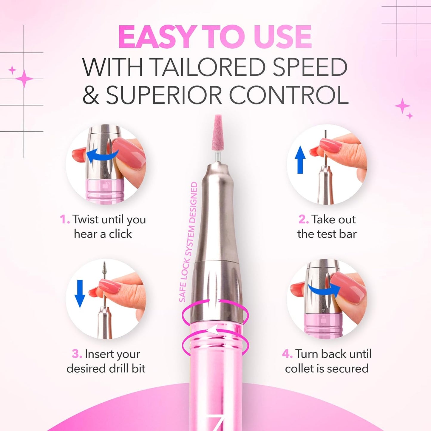 M Mase- Professional Nail Drill Machine - Coreless 2-in-1 Nail File - Electric, Cordless, 35000 RPM, HD Display - Electric Nail Drill for Professional & Home Use (Unicorn Pink)