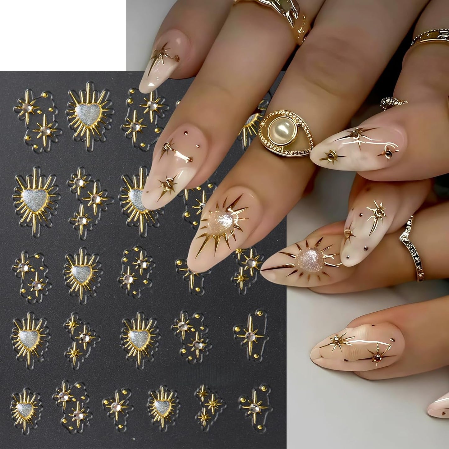 3 Sheets Star Nail Stickers for Nail Art 5D Embossed Gold Nail Decals with Heart Rhinestones Star Design Manicure Supplies Aurora Heart Metallic Star Nail Art Stickers for Women DIY Decor Accessories