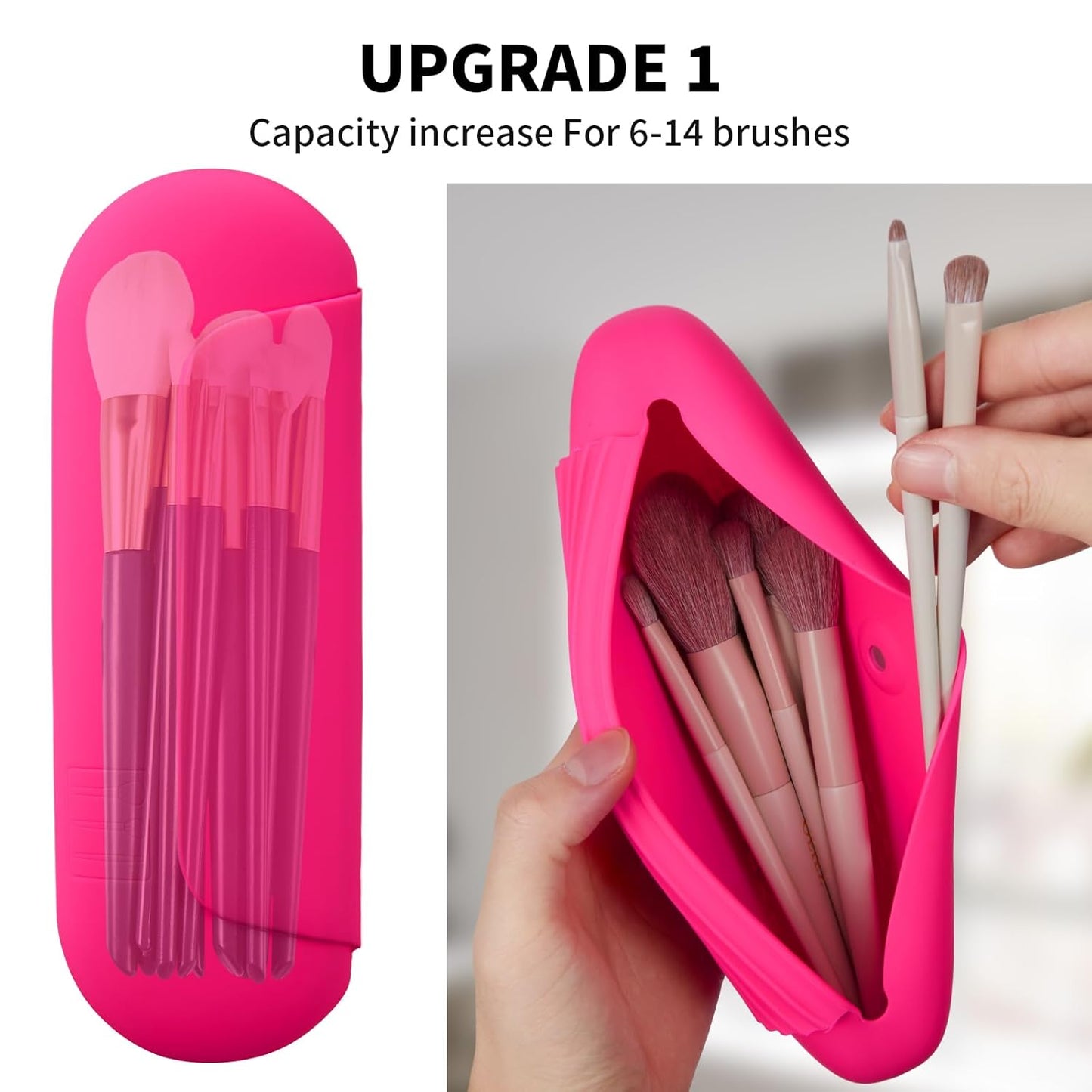 Silicone Makeup Brush Holder Travel Cosmetic Bag：Soft Portable Cosmetic Face Brushes Holder with Upgrade Anti-Fall Out Magnetic Closure, Large Travel Makeup Brush Case - Babbie Pink