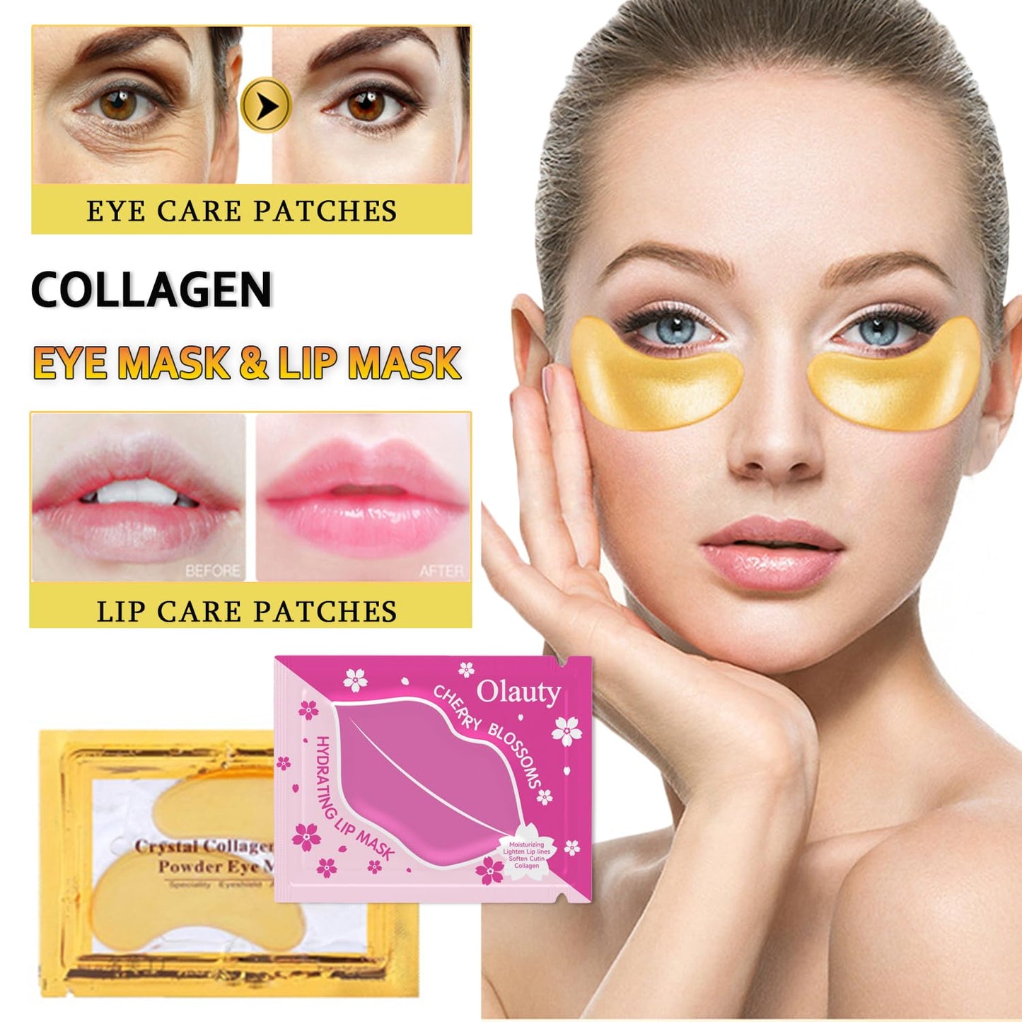 20 Pairs 24k Gold Eye Mask & Lip Mask, Collagen Eye Patches for Puffy Eyes, Effectively Moisturizing Anti-Wrinkles Eye Masks for Puffiness and Dark circles