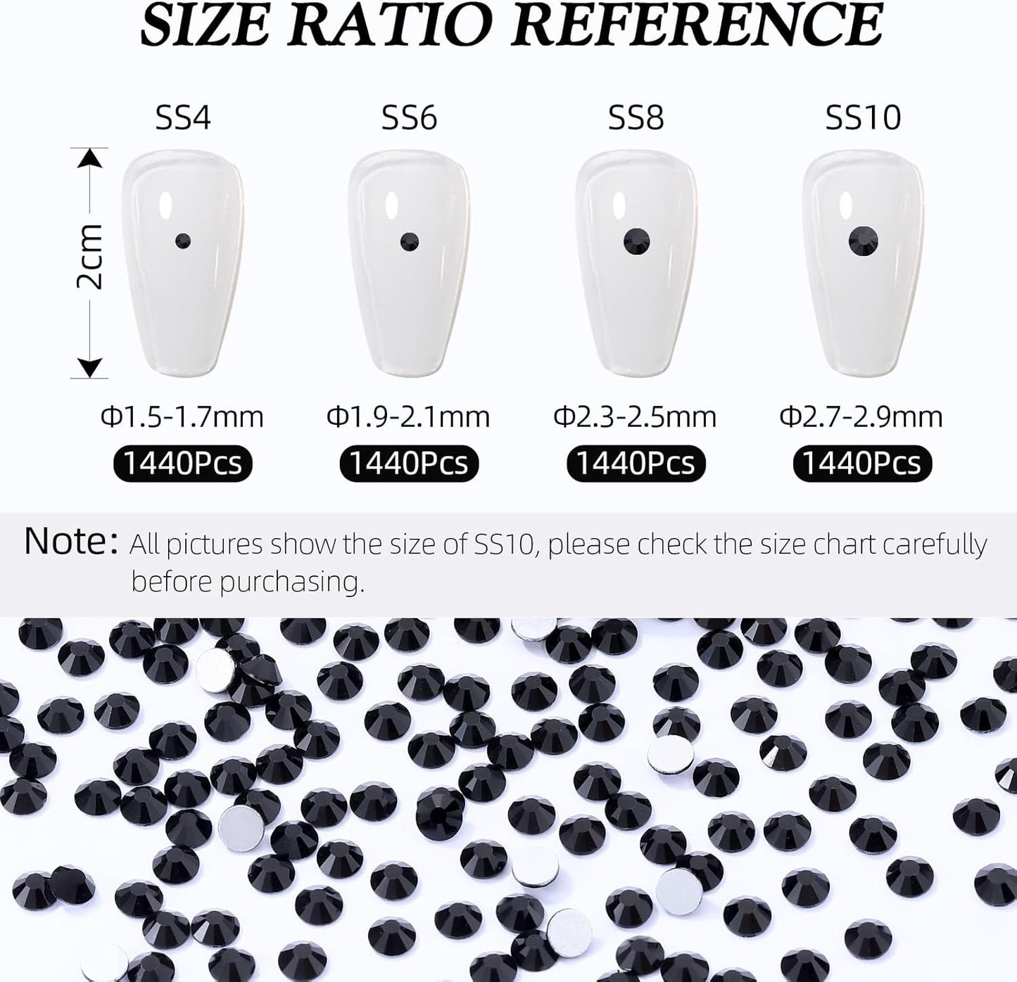 Black Flatback Rhinestones, Glass Rhinestones for Nail Art and Craft, Glue Fix, Loose Crystal Gemstones(Black, SS10, 1440pcs, 2.7-2.8mm)
