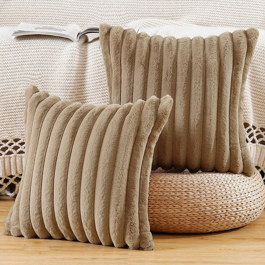 MADIZZ Set of 2 Faux Wool Plush Decorative Throw Pillow Covers 18x18 Inch Brown Fluffy Striped Soft Decorative Cushion Cover for Sofa Bedroom Pillow Shell